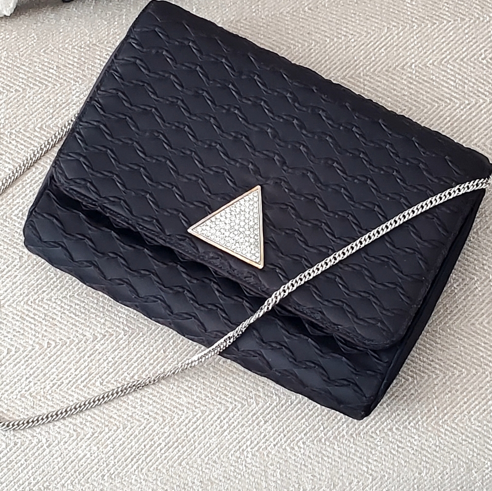 Miss Lewis Vtg Art Deco Black Satin/Textured, Diamond Embellishment Handbag EUC - Picture 6 of 16